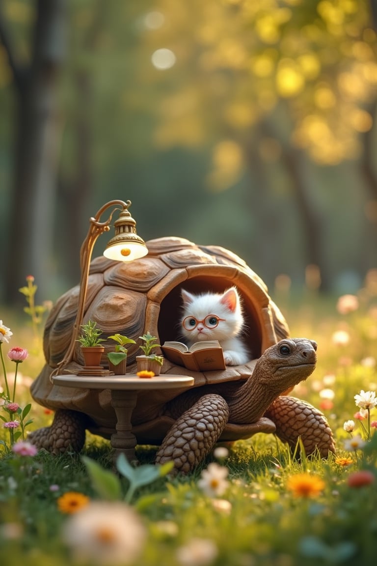 A peaceful park setting with a small kitten and a giant tortoise sitting together, the tortoise's shell fitted with a tiny wooden table, chair, and lamp, surrounded by small plants and flowers. The kitten, wearing tiny round glasses, sits on the chair, deeply focused on a miniature book, while the tortoise moves slowly with a wise, gentle smile. The tortoise's shell has rich earthy tones, contrasting with the bright, cheerful colors of the reading nook. The kitten's soft white fur stands out against the tortoise's rougher shell, and pastel flowers add a cozy, whimsical vibe. Shot with a Fujifilm X-T4, XF 35mm f/2 R WR lens, ISO 400, f/3.5 aperture, 1/250 sec shutter speed, slightly low angle, and golden hour lighting.