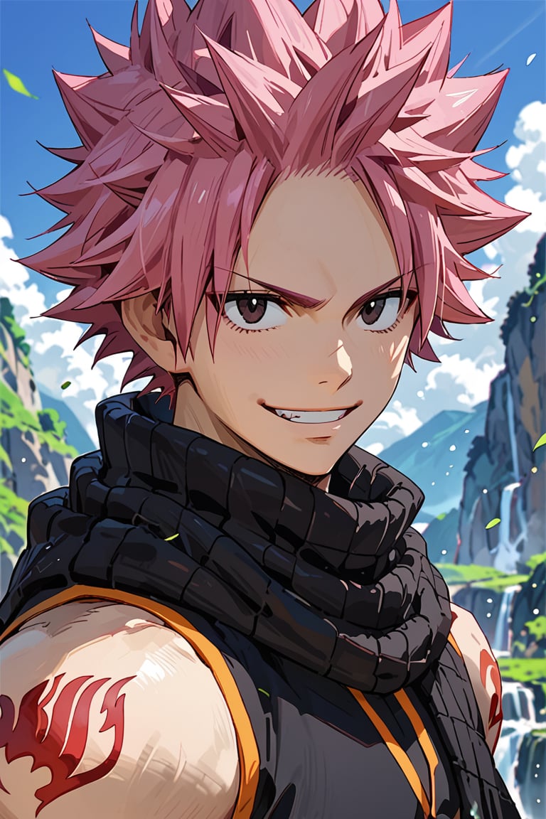 score_9, score_8_up, score_7_up, source_anime,natsu_dragneel, black eyes, spiked hair, pink hair, tattoo, black large shirt, smile at viewer, scarf on his neck, 1boy, solo