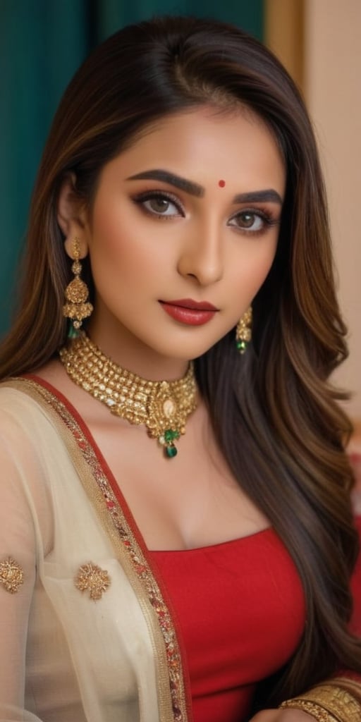 Imagine an Indian AI influencer seated elegantly on a bed, adorned in a stunning bridal outfit. Her attire is a traditional red and gold lehenga, rich with intricate embroidery and shimmering sequins. The dupatta (veil) is draped gracefully over her head, partially covering her long, flowing hair styled in soft waves. Her makeup is flawless, with bold eyeliner, a touch of gold eyeshadow, and deep red lipstick, enhancing her striking features. She wears heavy traditional jewelry, including a maang tikka (forehead ornament), choker necklace, bangles, and jhumkas (dangling earrings), all in gold with red and green gemstones.

The bed she's sitting on is draped with soft, luxurious fabrics in warm tones, complementing her outfit. Behind her, the backdrop includes traditional Indian decor with a modern twist, perhaps a mix of classic patterns and minimalistic elements, reflecting her tech-savvy nature. The room is softly lit, highlighting her poised posture as she gazes thoughtfully, embodying both tradition and modernity. The subtle presence of tech gadgets around her hints at her identity as an AI influencer, blending seamlessly with the cultural ambiance.