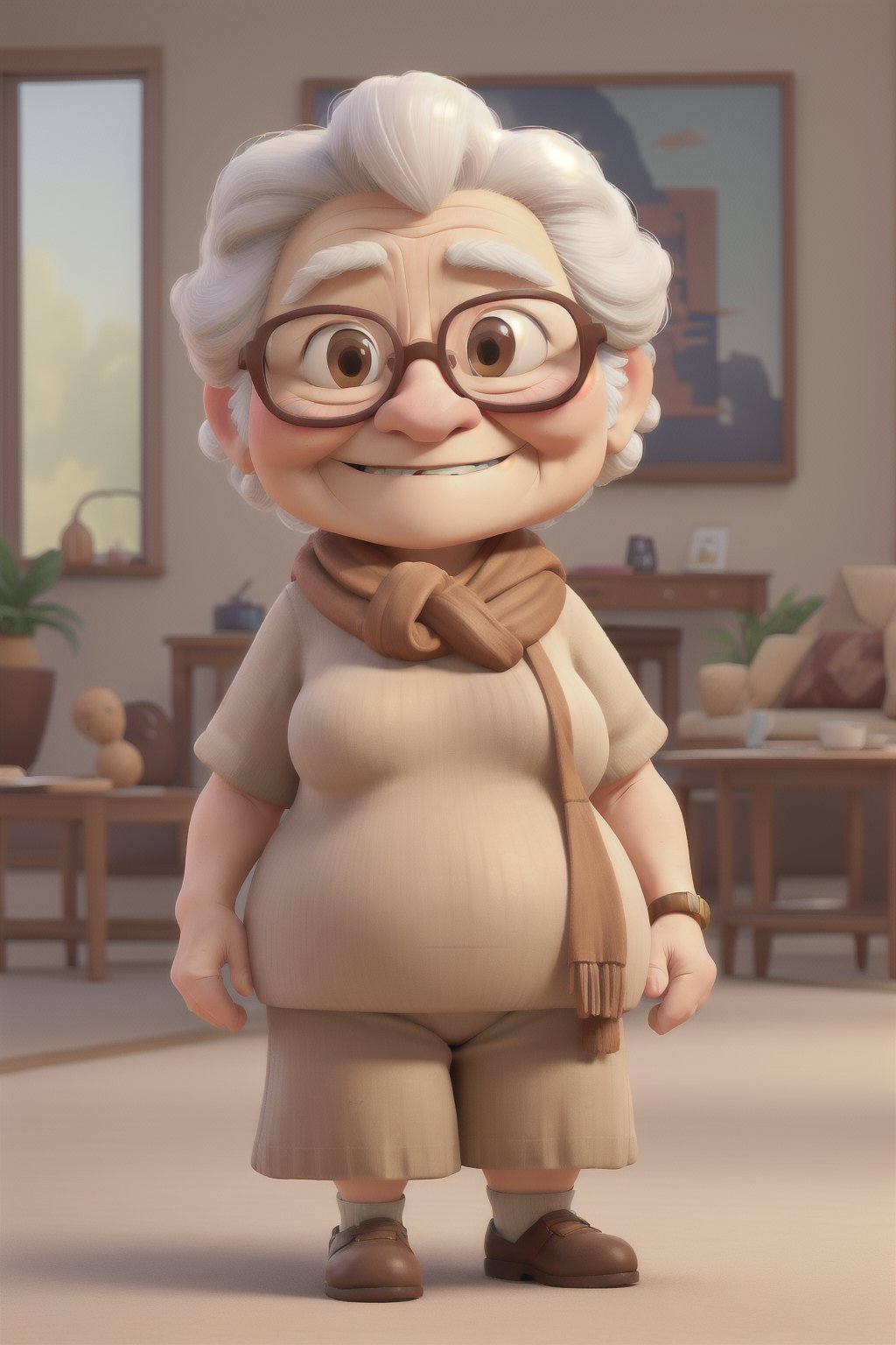 masterpiece, best quality, an old woman with glasses and a scarf, chubby body, wearing a beige t-shirt, and a brown scarf, standing in the park, sitting on a lounge chair, looking at the viewer with a look of pity, a slight smile showing her teeth rounded,