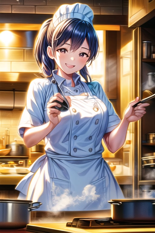 A masterpiece image of a petite cute girl wearing a form-fitting chef outfit with a chef hat, confidently smiling while working in a busy kitchen at the stove. She is actively stirring a pot, framed in a mid-shot, ultra-detailed with intricate facial features and perfect face. The scene is lit with warm kitchen lighting, highlighting her confident smile and the bustling kitchen environment. Her outfit accentuates her petite figure, with the chef hat adding a touch of charm.,MASTERPIECE,BEST QUALITY,ULTRA-DETAILED,INTRICATE DETAIL,EXTREME DETAIL,ELBORATE DETAILS