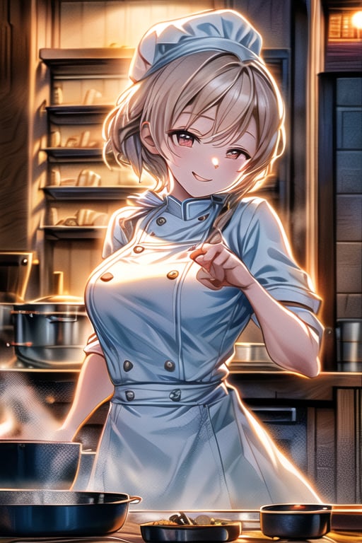 A masterpiece image of a petite cute girl wearing a form-fitting chef outfit with a chef hat, confidently smiling while working in a busy kitchen at the stove. She is actively stirring a pot, framed in a mid-shot, ultra-detailed with intricate facial features and perfect face. The scene is lit with warm kitchen lighting, highlighting her confident smile and the bustling kitchen environment. Her outfit accentuates her petite figure, with the chef hat adding a touch of charm.,MASTERPIECE,BEST QUALITY,ULTRA-DETAILED,INTRICATE DETAIL,EXTREME DETAIL,ELBORATE DETAILS