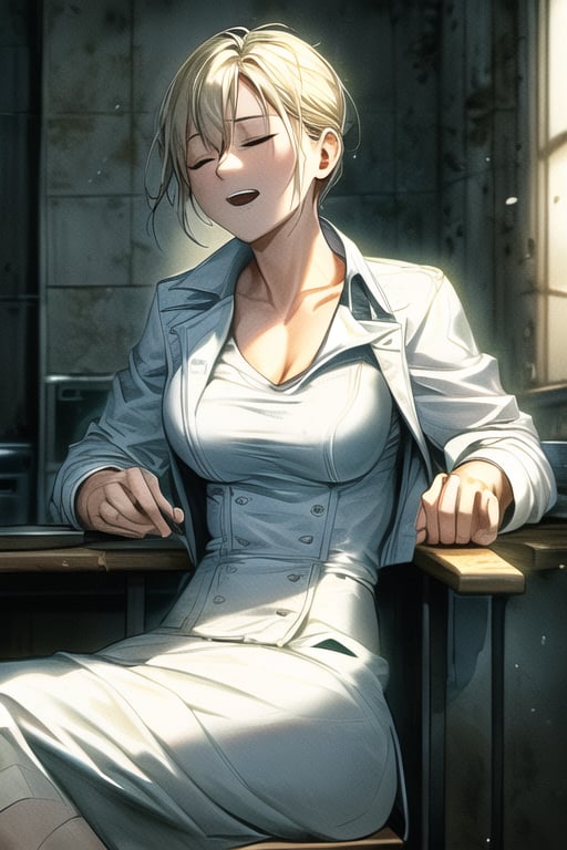 An image of a chef, after work, with a look of relief and relaxation, laying back on a chair with legs spread, eyes closed in a peaceful state. She wears an open chef jacket, revealing her form-fitting outfit. The shot is framed in a close-up, with soft lighting highlighting her relaxed expression and the worn-out atmosphere. The background shows a dimly lit kitchen, emphasizing her fatigue and sense of relief.,MASTERPIECE,BEST QUALITY,ULTRA-DETAILED,INTRICATE DETAIL,EXTREME DETAIL,ELBORATE DETAILS