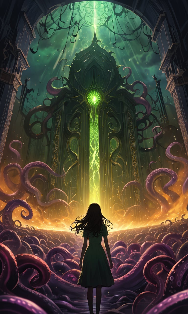 Epic, catastrophic scene of a colossal, ethereal Lovecraftian gate opening, shattering reality into another dimension filled with eldritch horrors. A woman in the distance is silhouetted, facing the oncoming darkness, while being fucked doggy style. The gate, adorned with ancient, glowing runes and tentacles, breaks open, revealing Lovecraftian horrors, including hidden figures of Slenderman and Cthulhu. Cinematic wide shot, ominous, dark, eerie atmosphere, dramatic lighting with purple, red, green, and yellow hues, and detailed, chaotic composition. Add swirling mists, floating particles, magical energies in the form of mystical strings and threads, and otherworldly, ethereal elements. Enhanced scale, intensity, and grandeur.,Masterpiece,Ultra-Detailed,Best Quality,Intricate Detail,Extreme Detail,Expressive eyes,perfect face,perfect features,perfect hands