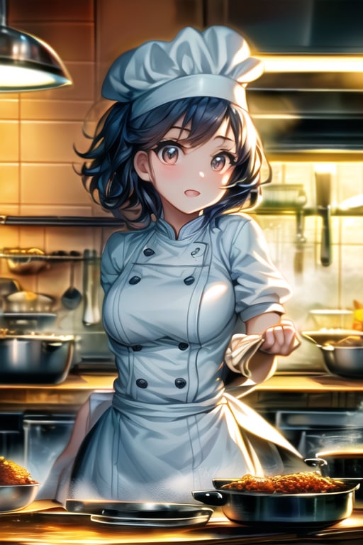 A masterpiece image of a petite cute girl wearing a form-fitting chef outfit with a chef hat, working in a busy kitchen at the stove. She strikes a cute pose with expressive eyes, framed in a close-up shot, ultra-detailed with intricate facial features and perfect face. The scene is lit with warm kitchen lighting, highlighting her adorable expression and the bustling kitchen environment. Her outfit accentuates her petite figure, with the chef hat adding a touch of charm.,MASTERPIECE,BEST QUALITY,ULTRA-DETAILED,INTRICATE DETAIL,EXTREME DETAIL,ELBORATE DETAILS