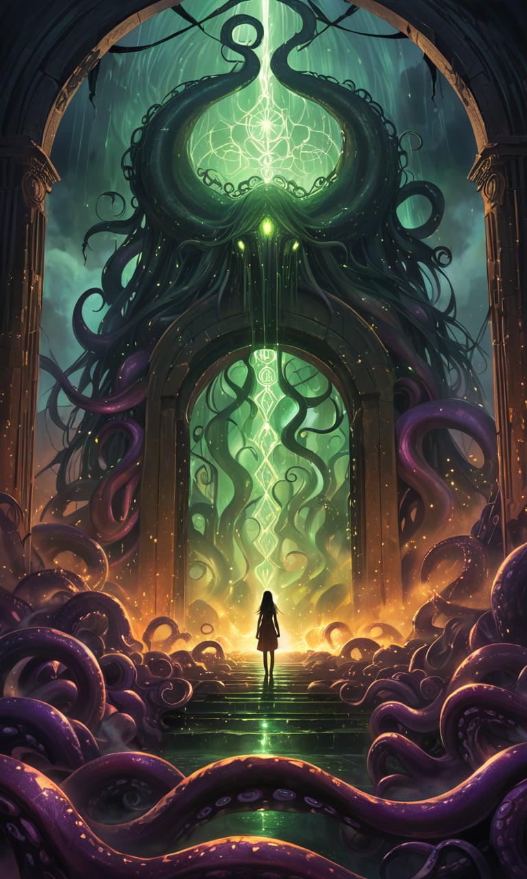 Epic, catastrophic scene of a colossal, ethereal Lovecraftian gate opening, shattering reality into another dimension filled with eldritch horrors. A woman in the distance is silhouetted, facing the oncoming darkness. The gate, adorned with ancient, glowing runes and tentacles, breaks open, revealing Lovecraftian horrors, including hidden figures of Slenderman and Cthulhu. Cinematic wide shot, ominous, dark, eerie atmosphere, dramatic lighting with purple, red, green, and yellow hues, and detailed, chaotic composition. Add swirling mists, floating particles, magical energies in the form of mystical strings and threads, and otherworldly, ethereal elements. Enhanced scale, intensity, and grandeur.,Masterpiece,Ultra-Detailed,Best Quality,Intricate Detail,Extreme Detail,Expressive eyes,perfect face,perfect features,perfect hands