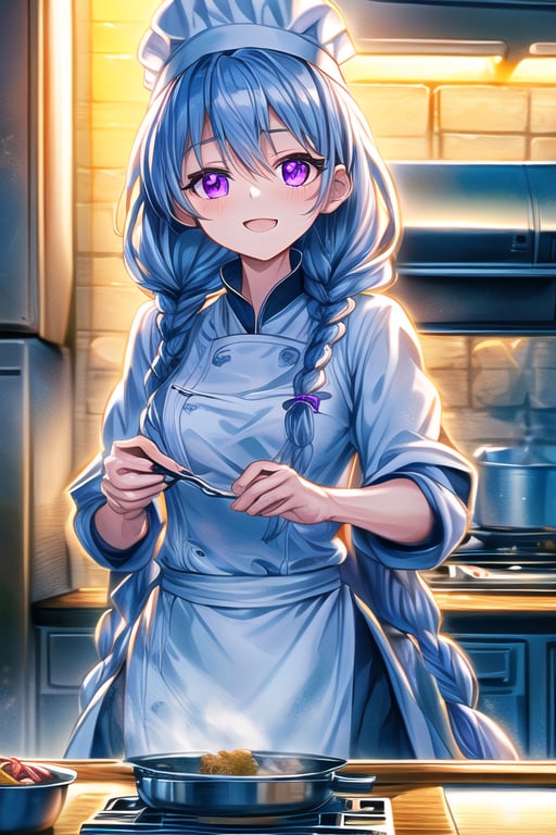 An image of a petite cute girl with long braided hair, wearing a very form-fitting chef jacket and chef hat, working in a busy kitchen at the stove. She strikes a cute pose with expressive purple eyes, framed in a close-up shot, ultra-detailed with intricate facial features and perfect face. The scene is lit with warm kitchen lighting, highlighting her adorable expression and the bustling kitchen environment. She has a look of exhausted contentment, with her outfit accentuating her petite figure, and the chef hat adding a touch of charm.,MASTERPIECE,BEST QUALITY,ULTRA-DETAILED,INTRICATE DETAIL,EXTREME DETAIL,ELBORATE DETAILS