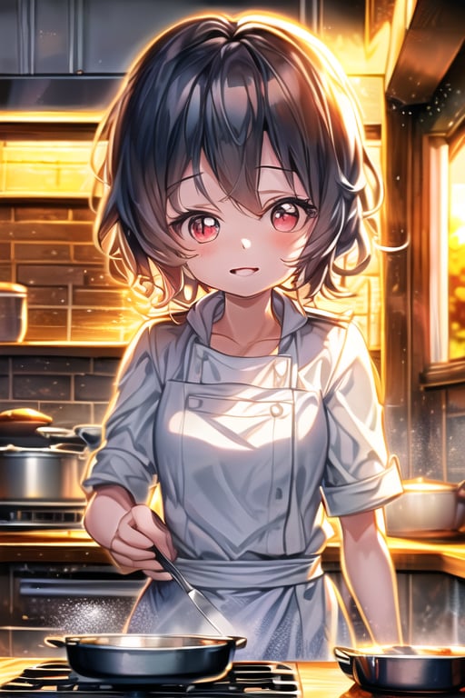 A masterpiece image of a petite cute girl wearing a chef hat, working in a busy kitchen at the stove. She strikes a cute pose with expressive eyes, framed in a close-up shot, ultra-detailed with intricate facial features and perfect face. The scene is lit with warm kitchen lighting, highlighting her adorable expression and the bustling kitchen environment.,MASTERPIECE,BEST QUALITY,ULTRA-DETAILED,INTRICATE DETAIL,EXTREME DETAIL,ELBORATE DETAILS