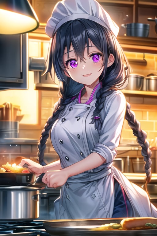 An image of a petite cute girl with long braided hair, wearing a very form-fitting chef jacket and chef hat, working in a busy kitchen at the stove. She strikes a cute pose with expressive purple eyes, framed in a close-up shot, ultra-detailed with intricate facial features and perfect face. The scene is lit with warm kitchen lighting, highlighting her adorable expression and the bustling kitchen environment. She has a look of exhausted contentment, with her outfit accentuating her petite figure, and the chef hat adding a touch of charm.,MASTERPIECE,BEST QUALITY,ULTRA-DETAILED,INTRICATE DETAIL,EXTREME DETAIL,ELBORATE DETAILS