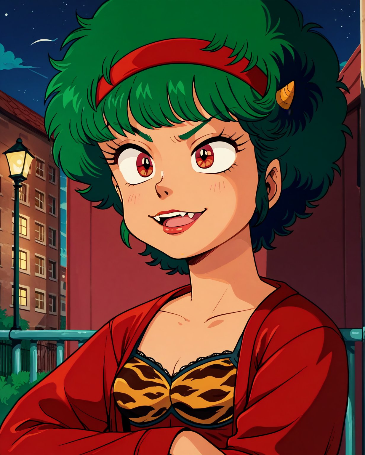 score_9, score_8_up, score_7_up, score_6_up, lineart, flat color, BREAK solo, TenMotherUYXL, retro artstyle, red eyes, green hair, short hair, afro, bangs, fang, red headband, yellow horns, shirt, long sleeves, (stunning young woman), tan skin, tiny build, short red side-swept hair, wearing emerald green sheer chiffon camisole , velvet shorts, Leopard print stockings, satin robe, soft pink lips,metallic eyeshadow, set in a romantic boudoir with silk drapes, a chaise longue, a collection of perfume bottles, at night, possmach