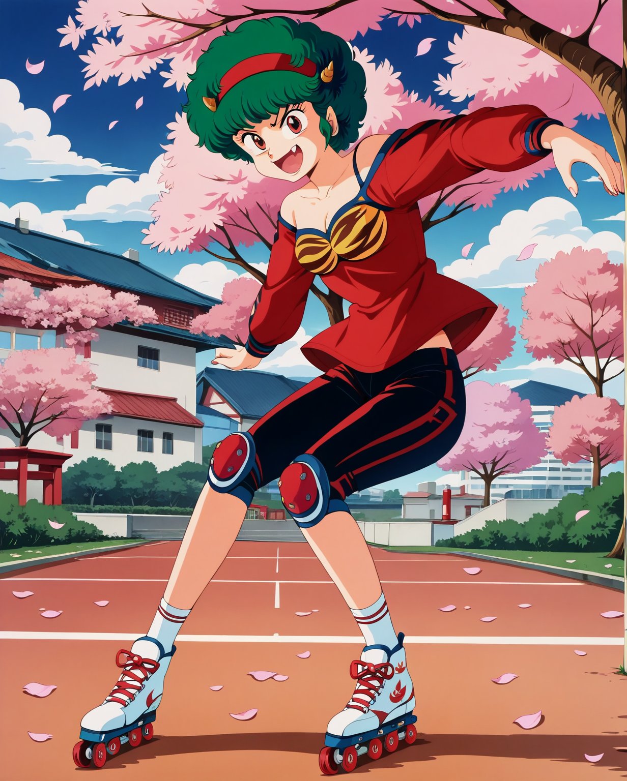 score_9, score_8_up, score_7_up, score_6_up, lineart, flat color, source_anime, solo, BREAK 1girl, TenMotherUYXL, retro artstyle, red eyes, green hair, short hair, afro, bangs, fang, red headband, yellow horns, (young woman), retro, source anime, (ultra-detailed), (masterpiece), (best quality), top quality, official art, 8k wallpaper, very detailed, (an extremely delicate and beautiful), (intense colors), (dramatic lighting). BREAK   single bare shoulder shirt, good hands, 1girl, cherry blossoms, falling petals, city park, looking at viewer, smile, roller skates, she roller-skates, Rollerskates, Expressiveh, fang, yelling, possmach, smile, possummachine_style, young, short stature, young age, from side,