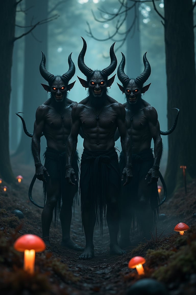 A dark and foreboding forest, illuminated only by the faint glow of luminescent mushrooms, serves as the eerie backdrop for a gathering of three imposing demons. Their twisted faces contorted in malevolent grins, they stand shoulder to shoulder, their horns and tails entwined in an unholy embrace. The atmosphere is heavy with malevolent energy.