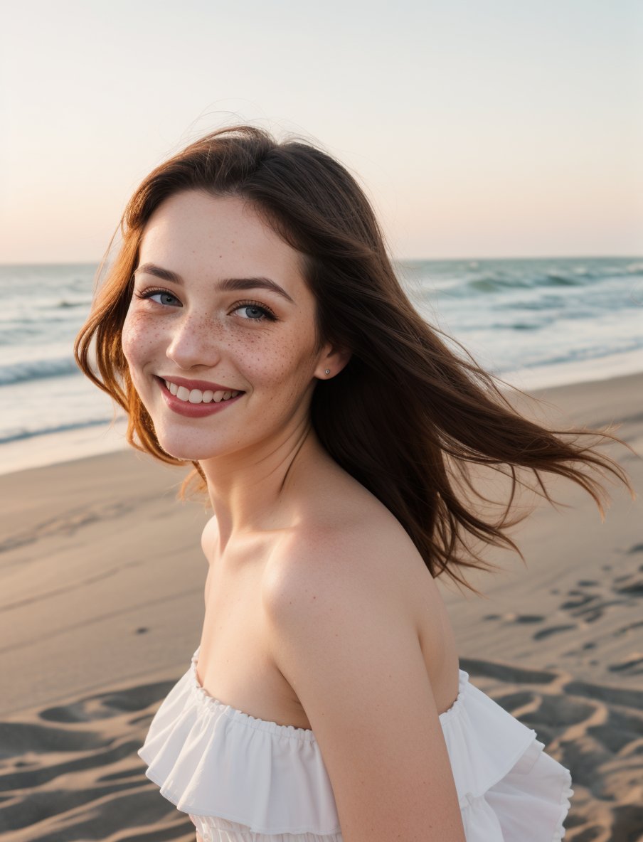 beautiful lady, 3-4 freckles low opacity, big smile, dark makeup, Beachside Boardwalk,dress adorned with ruffles, adding movement and a touch of romance to your look,hyperdetailed photography, soft light, head and shoulders portrait, cover