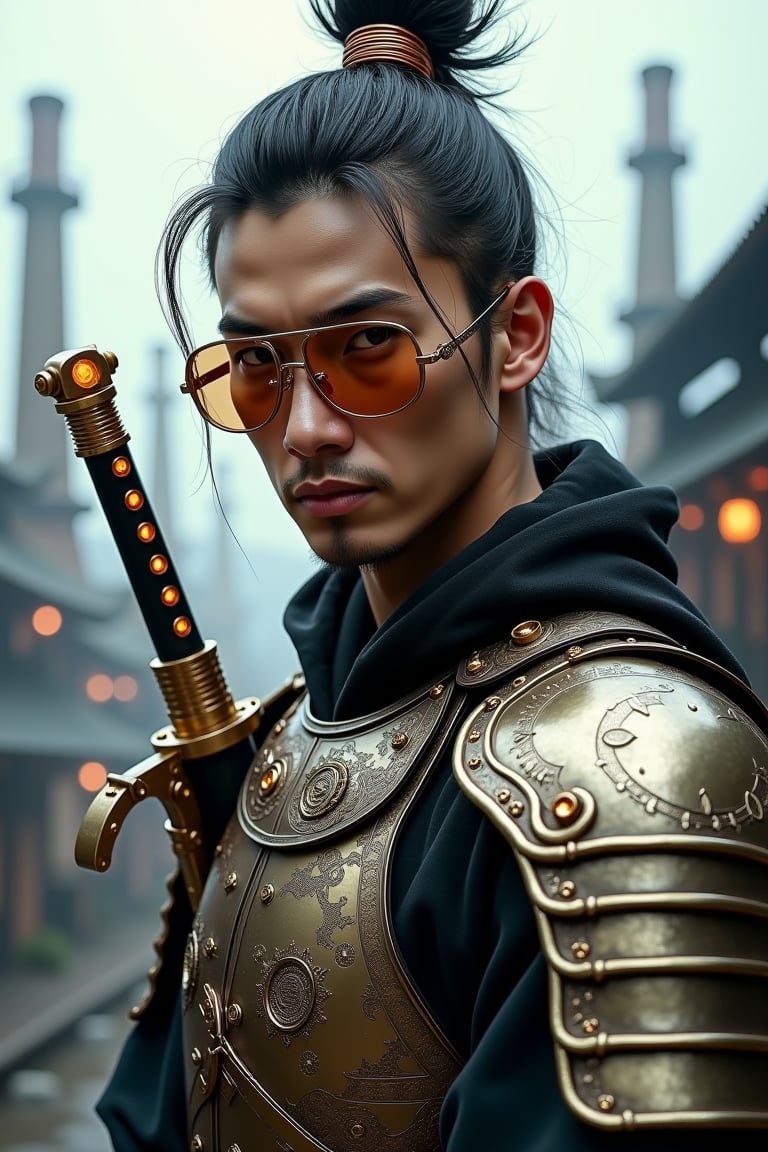 A hyper-detailed, photorealistic half-body portrait of a man with a strong, chiseled jawline. His appearance is a striking blend of samurai and steampunk aesthetics. He wears meticulously crafted samurai armor made of polished metal plates, adorned with fine engravings and intricate detailing. His expression is calm yet powerful, and his sharp eyes convey both wisdom and determination. His hair is tied back into a traditional topknot, interwoven with futuristic mechanical elements like copper wires and delicate gears. Resting on his forehead are bronze-colored steampunk goggles with tinted lenses.

He holds an intricate, futuristic hand weapon in his right hand — a hybrid of a katana and a high-tech plasma blade. The weapon features a gleaming, curved blade with glowing edges, powered by a visible energy core in the hilt. Mechanical parts and ornate engravings cover the handle, blending ancient craftsmanship with advanced technology. The weapon emits a soft, otherworldly glow, casting light on his armor.

The background features a foggy industrial cityscape with a blend of ancient and futuristic architecture, filled with towering smokestacks and steam-powered machinery. The lighting is dramatic, highlighting the fine details of his armor, weapon, and face, with shadows that enhance the realism of the scene. Every element, from the metallic textures of the weapon to the folds in his clothing, is rendered in stunning detail.