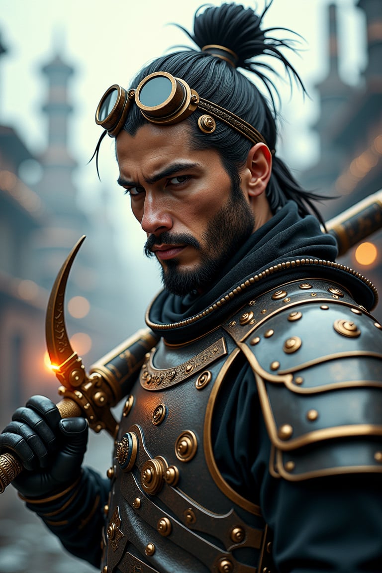 A hyper-detailed, photorealistic half-body portrait of a man with a strong, chiseled jawline. His appearance is a striking blend of samurai and steampunk aesthetics. He wears meticulously crafted samurai armor made of polished metal plates, adorned with fine engravings and intricate detailing. His expression is calm yet powerful, and his sharp eyes convey both wisdom and determination. His hair is tied back into a traditional topknot, interwoven with futuristic mechanical elements like copper wires and delicate gears. Resting on his forehead are bronze-colored steampunk goggles with tinted lenses.

He holds an intricate, futuristic hand weapon in his right hand — a hybrid of a katana and a high-tech plasma blade. The weapon features a gleaming, curved blade with glowing edges, powered by a visible energy core in the hilt. Mechanical parts and ornate engravings cover the handle, blending ancient craftsmanship with advanced technology. The weapon emits a soft, otherworldly glow, casting light on his armor.

The background features a foggy industrial cityscape with a blend of ancient and futuristic architecture, filled with towering smokestacks and steam-powered machinery. The lighting is dramatic, highlighting the fine details of his armor, weapon, and face, with shadows that enhance the realism of the scene. Every element, from the metallic textures of the weapon to the folds in his clothing, is rendered in stunning detail.