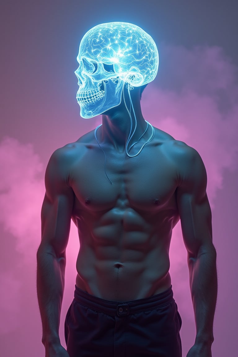 A muscular man stands in a surreal, accentric pose, his translucent glass-like skull revealing a glowing brain within. Soft bioluminescent light pulses through intricate neural pathways, the bosy wrapped with a white wire, refracting softly around the ethereal material. The toned body is detailed, with shadows cast dramatically by lighting that plays with the skull and body. A blurred background of pastel hues transitions from pink to purple, fading into abstraction, adding to the dreamlike quality. Contemplative, futuristic, and mysterious, this portrait fuses intellect and physical strength in a hauntingly beautiful representation. Use best of studio lighting , RAW, using Hasselblad camera