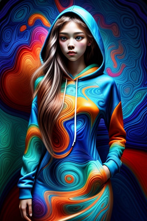 A stunning portrait of a young woman dressed in a vibrant, multicolored hoodie with swirling patterns of blue, orange, and teal. Her long, flowing hair cascades down her shoulders, complementing the intricate design of her outfit. The background mirrors the psychedelic patterns of her attire, creating a seamless, mesmerizing effect. The woman's expression is calm and confident, her gaze directed towards the viewer. The overall scene exudes a sense of bold, artistic flair and modern fashion.