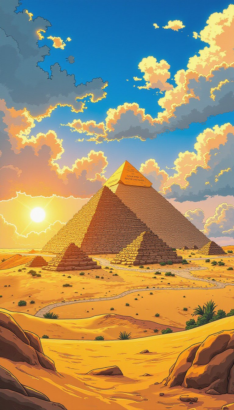 A breathtaking anime-style illustration of the Pyramids of Giza, rising from the golden sands of the desert. The sun is setting, casting long shadows and a warm glow over the landscape. The sharp lines and vibrant colors highlight the ancient majesty of the pyramids against the vast, open sky. Keywords: sunset, nature, nice look, Egypt, animescape, sharpanime.
