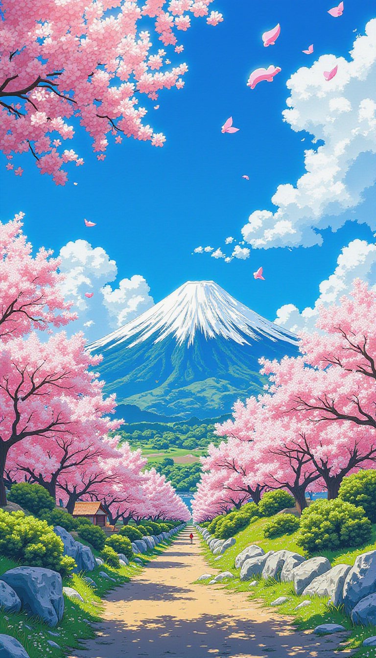 A serene anime-style landscape featuring Mount Fuji, framed by blooming cherry blossoms in spring. The mountain stands majestically against a clear blue sky, with soft clouds floating by. The scene is peaceful and detailed, with sharp lines and vibrant colors emphasizing the natural beauty of Japan. Keywords: day, nature, nice look, Japan, animescape, sharpanime.
