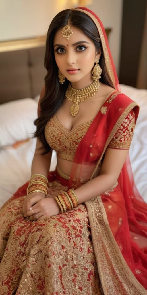 Imagine an Indian AI influencer seated elegantly on a bed, adorned in a stunning bridal outfit. Her attire is a traditional red and gold lehenga, rich with intricate embroidery and shimmering sequins. The dupatta (veil) is draped gracefully over her head, partially covering her long, flowing hair styled in soft waves. Her makeup is flawless, with bold eyeliner, a touch of gold eyeshadow, and deep red lipstick, enhancing her striking features. She wears heavy traditional jewelry, including a maang tikka (forehead ornament), choker necklace, bangles, and jhumkas (dangling earrings), all in gold with red and green gemstones.

The bed she's sitting on is draped with soft, luxurious fabrics in warm tones, complementing her outfit. Behind her, the backdrop includes traditional Indian decor with a modern twist, perhaps a mix of classic patterns and minimalistic elements, reflecting her tech-savvy nature. The room is softly lit, highlighting her poised posture as she gazes thoughtfully, embodying both tradition and modernity. The subtle presence of tech gadgets around her hints at her identity as an AI influencer, blending seamlessly with the cultural ambiance.