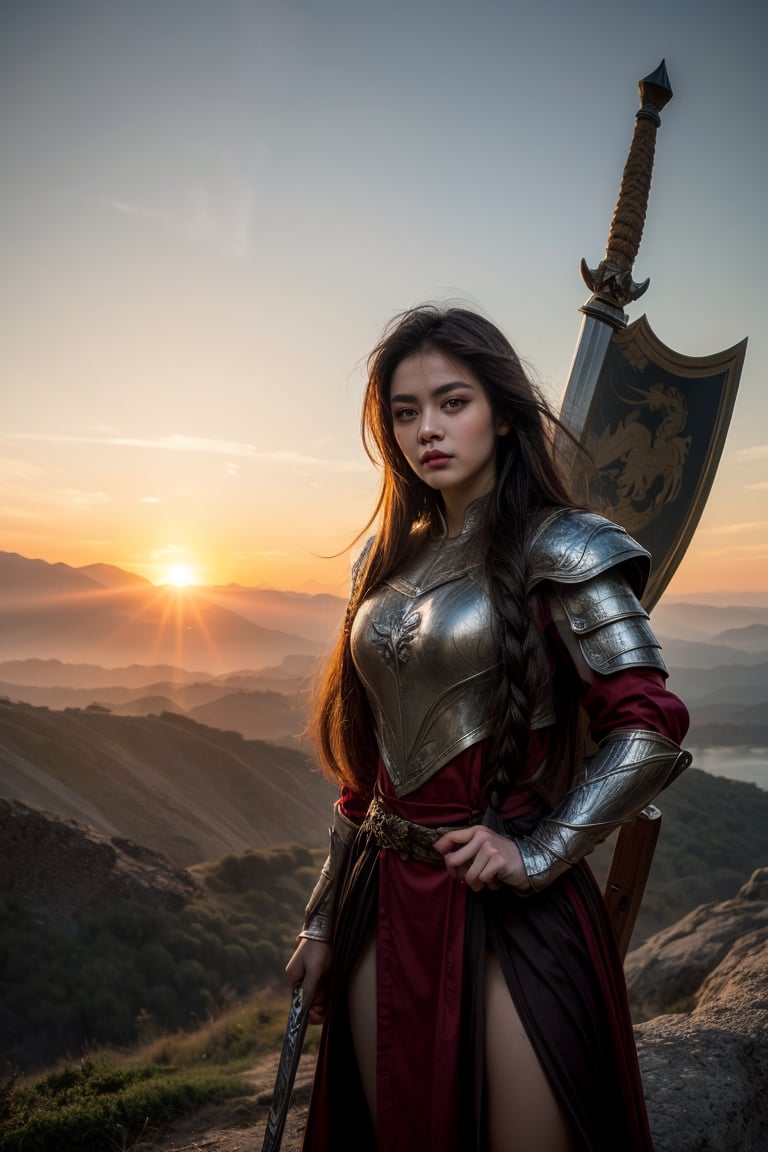   A girl with long, braided hair, wearing traditional fantasy armor, standing on a cliff overlooking a vast, mystical landscape. The sky is painted with the colors of dawn, and a majestic dragon is flying in the distance. She holds a sword and shield, ready for an epic adventure.”