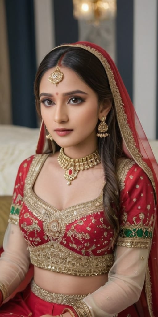 Imagine an Indian AI influencer seated elegantly on a bed, adorned in a stunning bridal outfit. Her attire is a traditional red and gold lehenga, rich with intricate embroidery and shimmering sequins. The dupatta (veil) is draped gracefully over her head, partially covering her long, flowing hair styled in soft waves. Her makeup is flawless, with bold eyeliner, a touch of gold eyeshadow, and deep red lipstick, enhancing her striking features. She wears heavy traditional jewelry, including a maang tikka (forehead ornament), choker necklace, bangles, and jhumkas (dangling earrings), all in gold with red and green gemstones.

The bed she's sitting on is draped with soft, luxurious fabrics in warm tones, complementing her outfit. Behind her, the backdrop includes traditional Indian decor with a modern twist, perhaps a mix of classic patterns and minimalistic elements, reflecting her tech-savvy nature. The room is softly lit, highlighting her poised posture as she gazes thoughtfully, embodying both tradition and modernity. The subtle presence of tech gadgets around her hints at her identity as an AI influencer, blending seamlessly with the cultural ambiance.