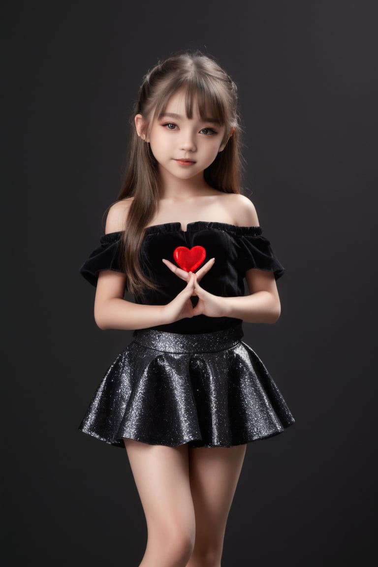 11yo slutty young girl with eye-catching, full body shot, standing, posing, cute micro skirt and off-shoulder mini top, dark background,Extremely Realistic,heart hands