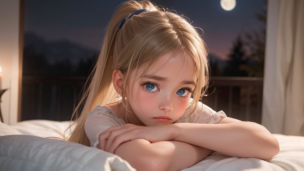 A whimsical still life: a youthful angel reclines in a cozy sanctuary, bathed in soft moonlight and candlelight. Her piercing blue eyes gaze directly at us, as she starts to cry, her expression a poignant mix of sadness and worry. Long, light blonde hair cascades down, framing her heart-shaped face with bangs and a ponytail. Luxurious textures of the bed frame her lounging figure, inviting us into this serene scene.