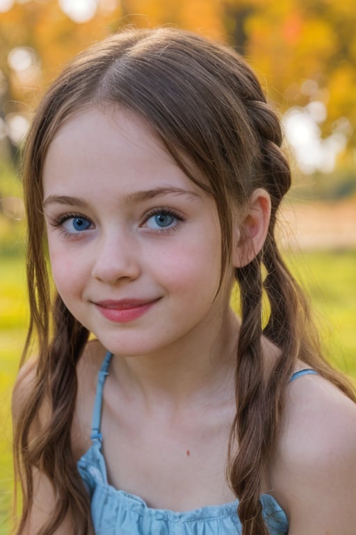 (8k, masterpiece, best quality, high res), little girl, long hair, ((hair pulled back hairstyles)), pale blue eyes, , brown hair with blue steaks,  smile,(closed mouth:1.2) , delicate eyes, delicate face, hair accessories,focus, portrait, 7-year-old-tween