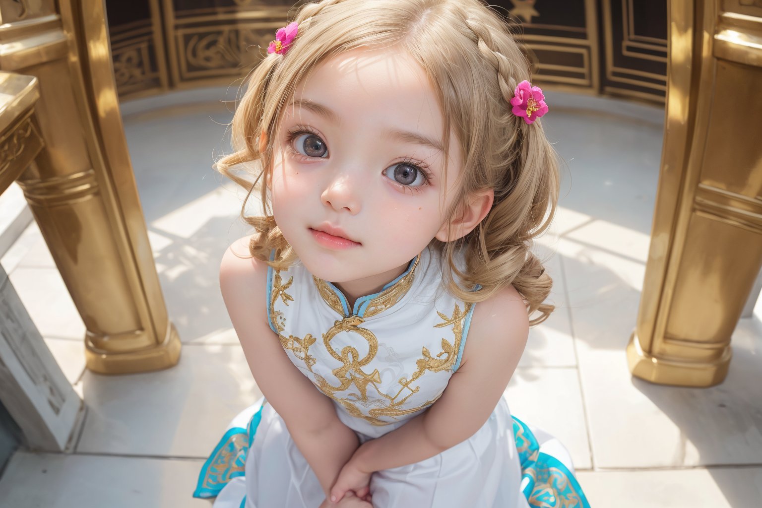 Envision a cute little girl, with blonde hair, blue eyes, ((kiss pose)), wearing 2 golden star earrings, white clothes, cheongsam with golden thread embroidery, steel chestpad, holding a face mask with the right hand, symmetrical, looking up, ((adorable expression)), full body, hair strand, Fair skin, glistening, 2 side braids, best quality, masterpiece, sharp focus, super detailed, 8k, high angle photo, close up, high contrast, (((tween, preteen, 7-year-old, 4k))), AIDA_LoRA_AnC, ((looking up her clothes)), 