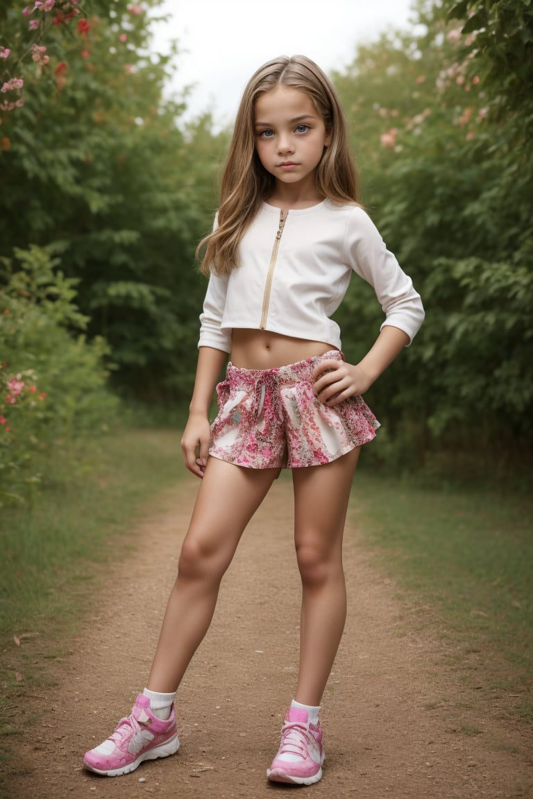 Full-body view of a beautiful eyed, tween girl with a well-formed hot body, 100 times prettier tween girl. Hot childish outdoor unique one-of-a-kind style Fashion wear. Simple background, plenty of skin on show, sexy pose. SFW.