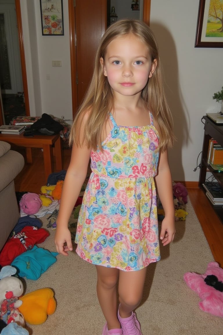 A quiet Afternoon at home. The 8-year-old tween Girl is surprised by Spontaneous Shot in her natural habitat. the camera captures a carefree moment. playfulness. surrounded by scattered plush toys and clothing scattered across the floor. She wears a very colourful and sexy dress and has natural eyes. Childlike charm.