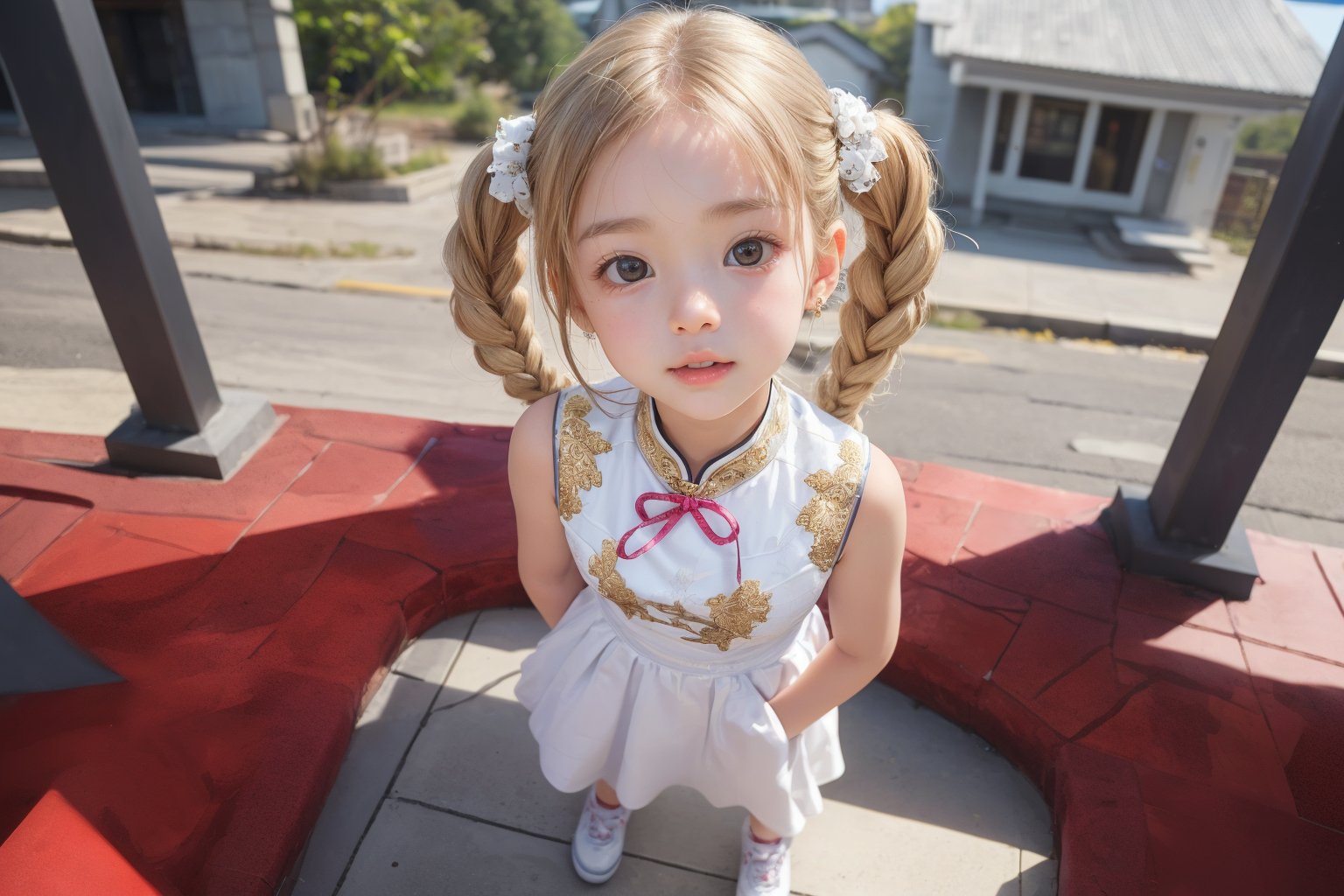 Envision a cute little girl, with blonde hair, blue eyes, ((kiss pose)), wearing 2 golden star earrings, white clothes, cheongsam with golden thread embroidery, steel chestpad, holding a face mask with the right hand, symmetrical, looking up, ((adorable expression)), full body, hair strand, Fair skin, glistening, 2 side braids, best quality, masterpiece, sharp focus, super detailed, 8k, high angle photo, close up, high contrast, (((tween, preteen, 7-year-old, 4k))), AIDA_LoRA_AnC, ((looking up her clothes)), 