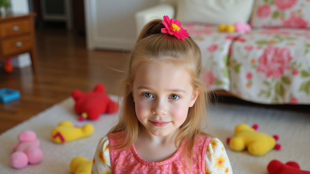 A quiet Afternoon at home. The 8-year-old tween Girl is surprised by Spontaneous Shot in her natural habitat. the camera captures a carefree moment. playfulness. surrounded by scattered plush toys and clothing scattered across the floor. She wears a very colourful and sexy dress and has natural eyes. Childlike charm.