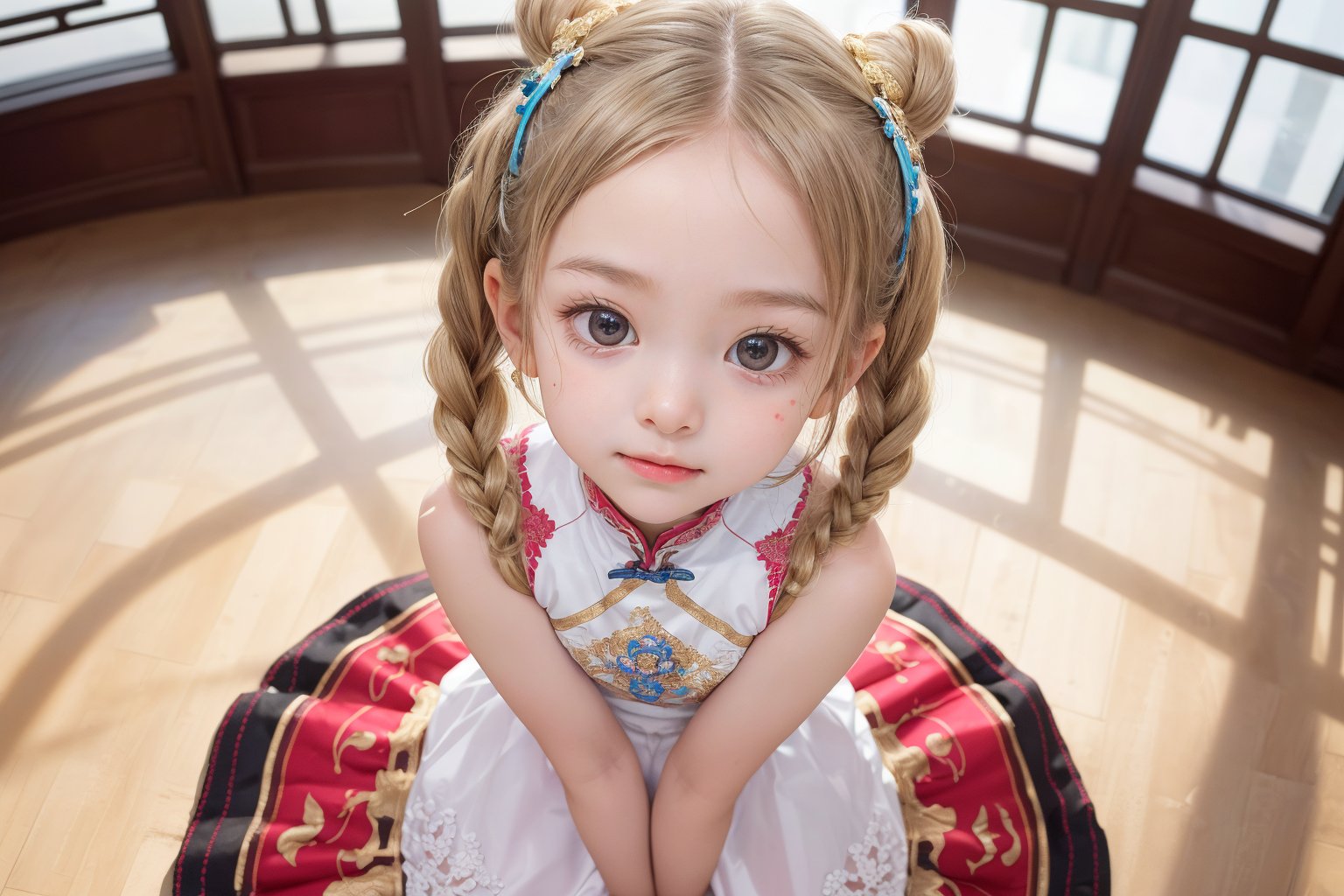 Envision a cute little girl, with blonde hair, blue eyes, ((kiss pose)), wearing 2 golden star earrings, white clothes, cheongsam with golden thread embroidery, steel chestpad, holding a face mask with the right hand, symmetrical, looking up, ((adorable expression)), full body, hair strand, Fair skin, glistening, 2 side braids, best quality, masterpiece, sharp focus, super detailed, 8k, high angle photo, close up, high contrast, (((tween, preteen, 7-year-old, 4k))), AIDA_LoRA_AnC, ((looking up her clothes)), 