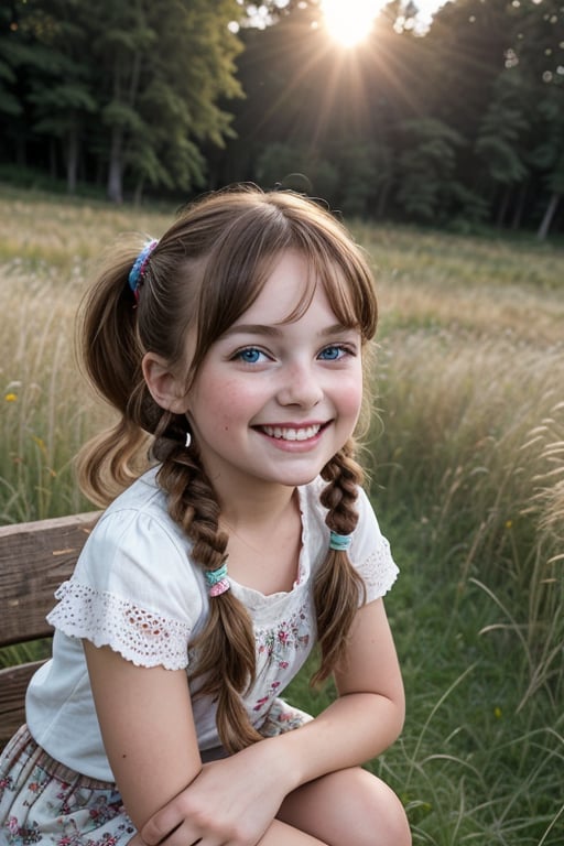 A whimsical portrait of a random, beautiful 7-year-old girl sitting on a rustic wooden bench amidst a lush meadow, surrounded by vibrant wildflowers and tall grasses. The warm sunlight casts a gentle glow on her smiling face, with her curly brown hair tied in pigtails and her bright blue eyes sparkling with innocence.