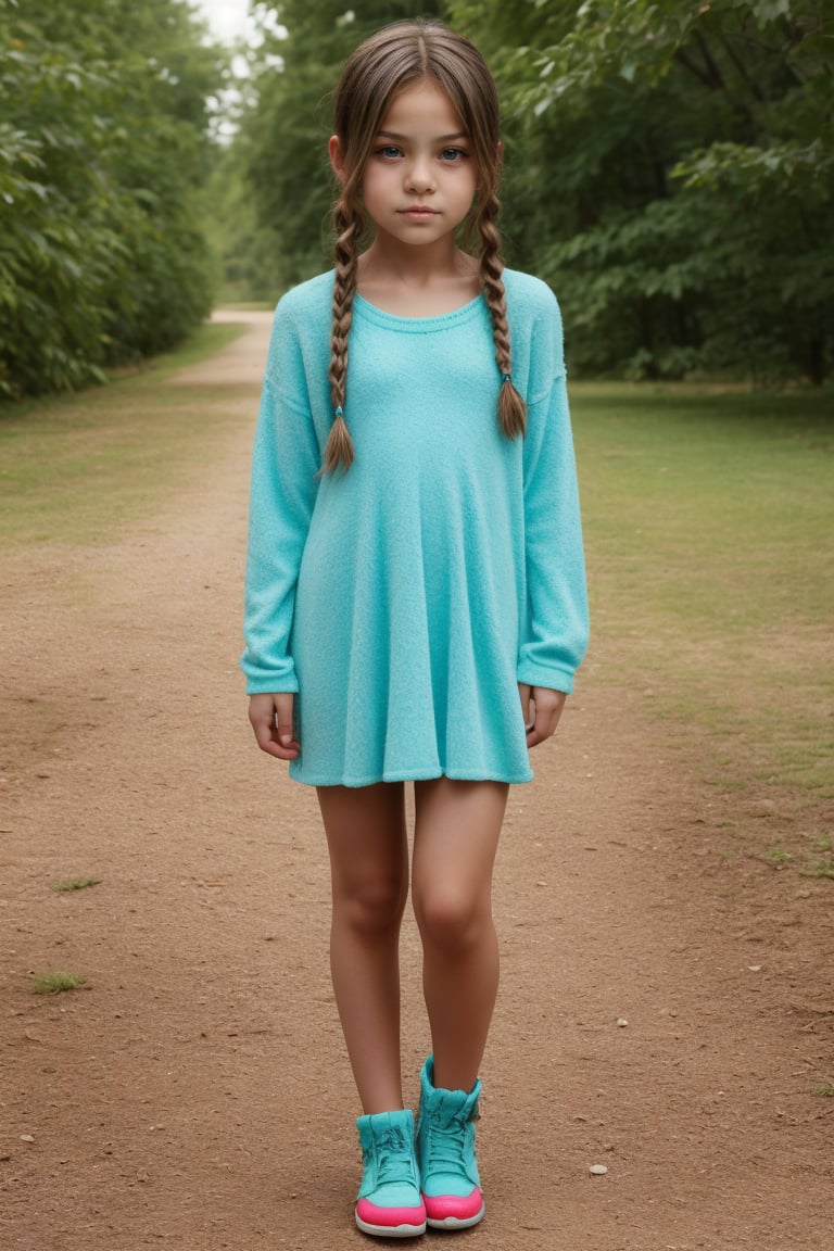 Full body view of a aqua eyed tween girl with a well-formed hot body, 100 times prettier tween girl. hot childish outdoor unique one of a kind style Fashion wear. Simple background, plenty of skin on show, sexy pose.