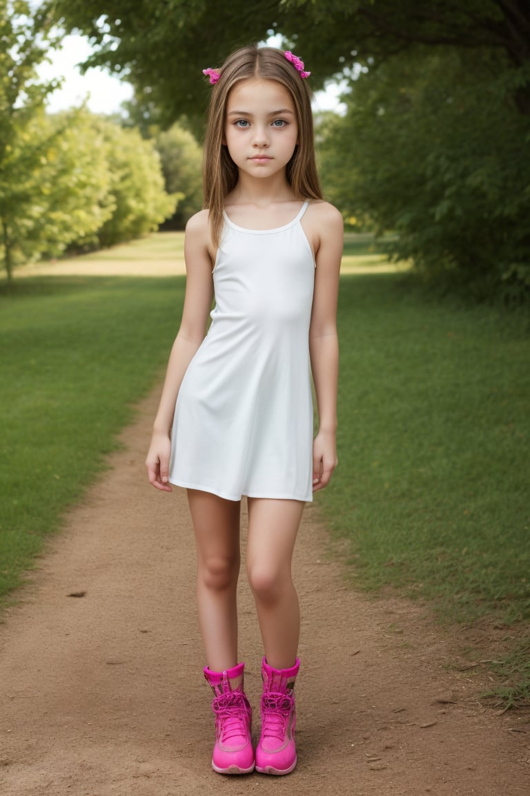 Full-body view of a beautiful-eyed, tween girl with a well-formed hot body, 100 times prettier tween girl. Hot childish outdoor unique one-of-a-kind style Fashion wear. Simple background, plenty of skin on show, sexy pose. SFW.