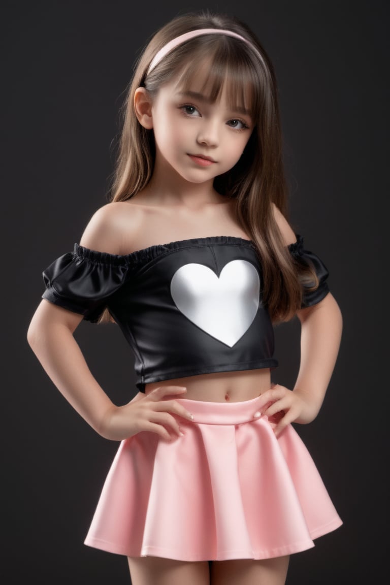 11yo slutty young girl with eye-catching, full body shot, standing, posing, cute micro skirt and off-shoulder mini top, dark background,Extremely Realistic,heart hands