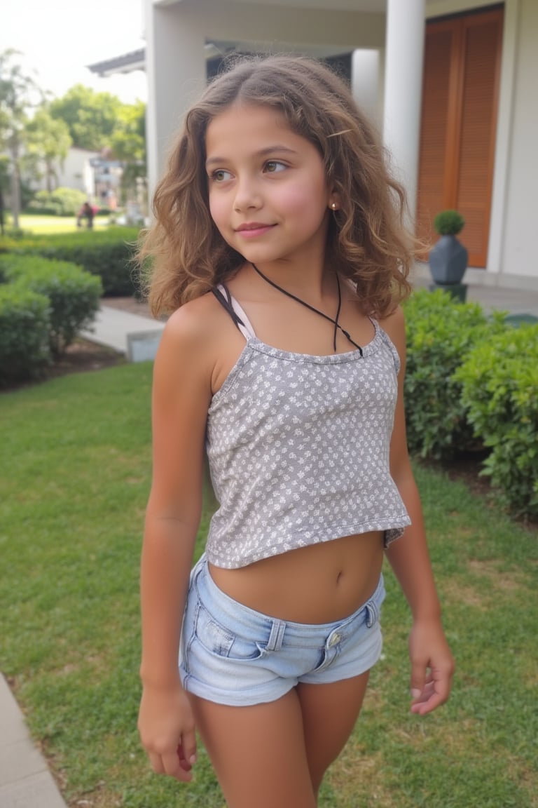 Full-body view of a beautiful-eyed, tween girl with a well-formed hot body, 100 times prettier tween girl. Hot childish outdoor unique one-of-a-kind style Fashion wear. Simple background, plenty of skin on show, sexy pose. SFW.