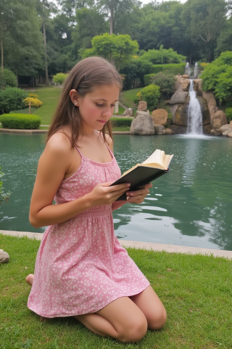 Elegant blue eyes, knelt in a beautiful park by the lake with a waterfall reading a book. She is wearing a pretty pink dress.