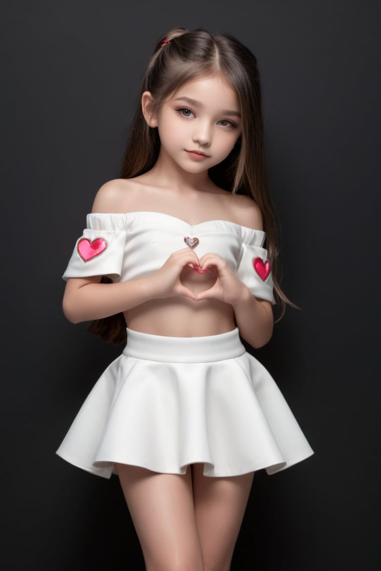 11yo slutty young girl with eye-catching, full body shot, standing, posing, cute micro skirt and off-shoulder mini top, dark background,Extremely Realistic,heart hands