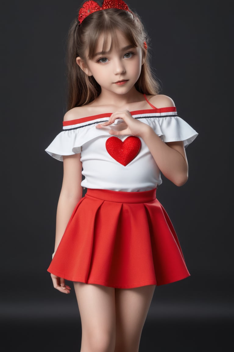 11yo slutty young girl with eye-catching, full body shot, standing, posing, cute micro skirt and off-shoulder mini top, dark background,Extremely Realistic,heart hands