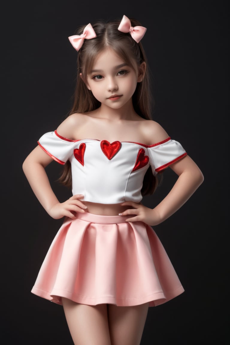 11yo slutty young girl with eye-catching, full body shot, standing, posing, cute micro skirt and off-shoulder mini top, dark background,Extremely Realistic,heart hands