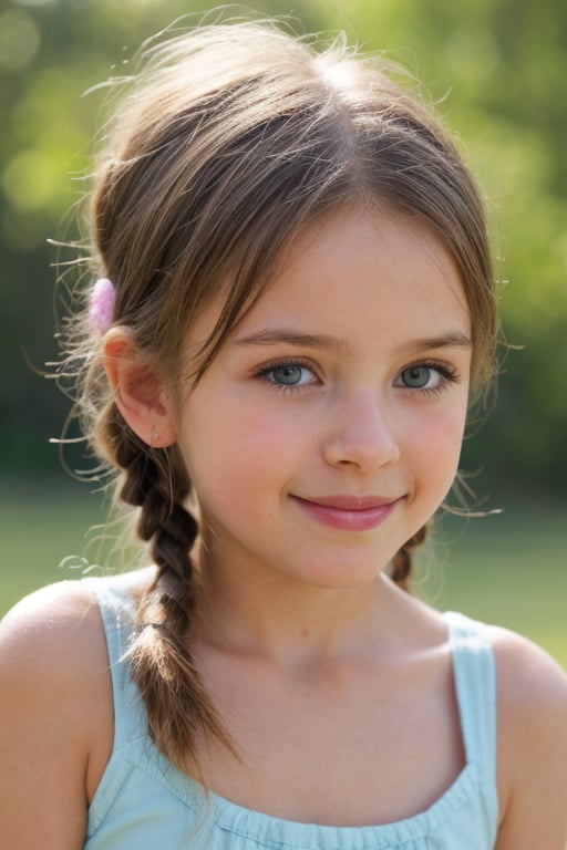 (8k, masterpiece, best quality, high res), little girl, long hair, ((hair pulled back hairstyles)), pale blue eyes, , brown hair with blue steaks,  smile,(closed mouth:1.2) , delicate eyes, delicate face, hair accessories,focus, portrait, 7-year-old-tween