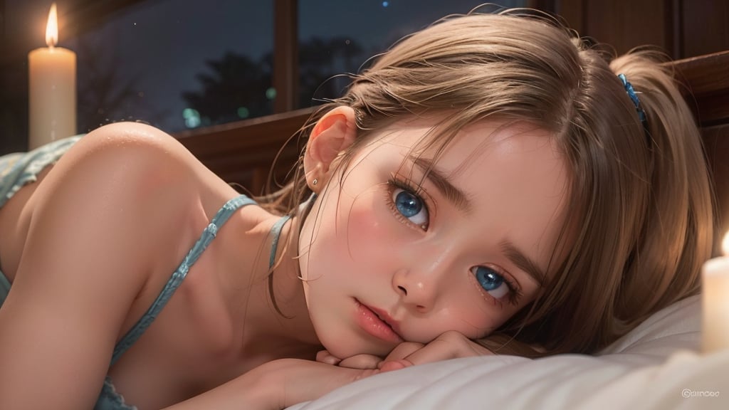 A whimsical still life: a youthful angel reclines in a cozy sanctuary, bathed in soft moonlight and candlelight. Her piercing blue eyes gaze directly at us, as she starts to cry, her expression a poignant mix of sadness and worry. Long, light blonde hair cascades down, framing her heart-shaped face with bangs and a ponytail. Luxurious textures of the bed frame her lounging figure, inviting us into this serene scene.