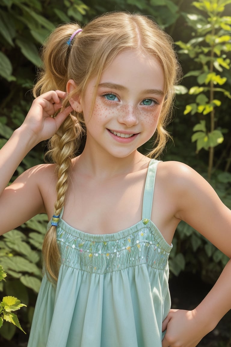 A delicate, freckled-skinned tween girl, 10 yo, bursting with youthful energy, frolics in a lush, emerald-green Austrian alpine garden, surrounded by vibrant wildflowers and the gentle mist of a cascading waterfall. Her bright, cerulean-blue eyes sparkle with joy as she twirls, her golden-blonde pigtails bouncing with each carefree movement. Soft sunlight casts a warm glow on her rosy cheeks, accentuating the beauty of her beaming smile.