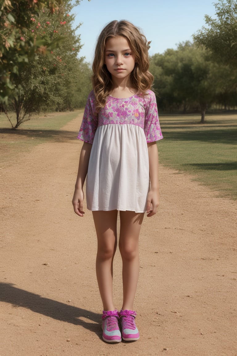 Full-body view of a beautiful-eyed, tween girl with a well-formed hot body, 100 times prettier tween girl. Hot childish outdoor unique one-of-a-kind style Fashion wear. Simple background, plenty of skin on show, sexy pose. SFW.