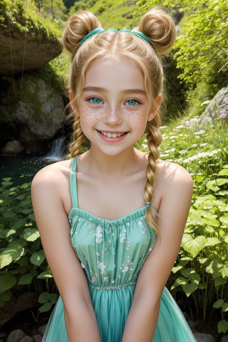 A delicate, freckled-skinned tween girl, 10 yo, bursting with youthful energy, frolics in a lush, emerald-green Austrian alpine garden, surrounded by vibrant wildflowers and the gentle mist of a cascading waterfall. Her bright, cerulean-blue eyes sparkle with joy as she twirls, her golden-blonde pigtails bouncing with each carefree movement. Soft sunlight casts a warm glow on her rosy cheeks, accentuating the beauty of her beaming smile.