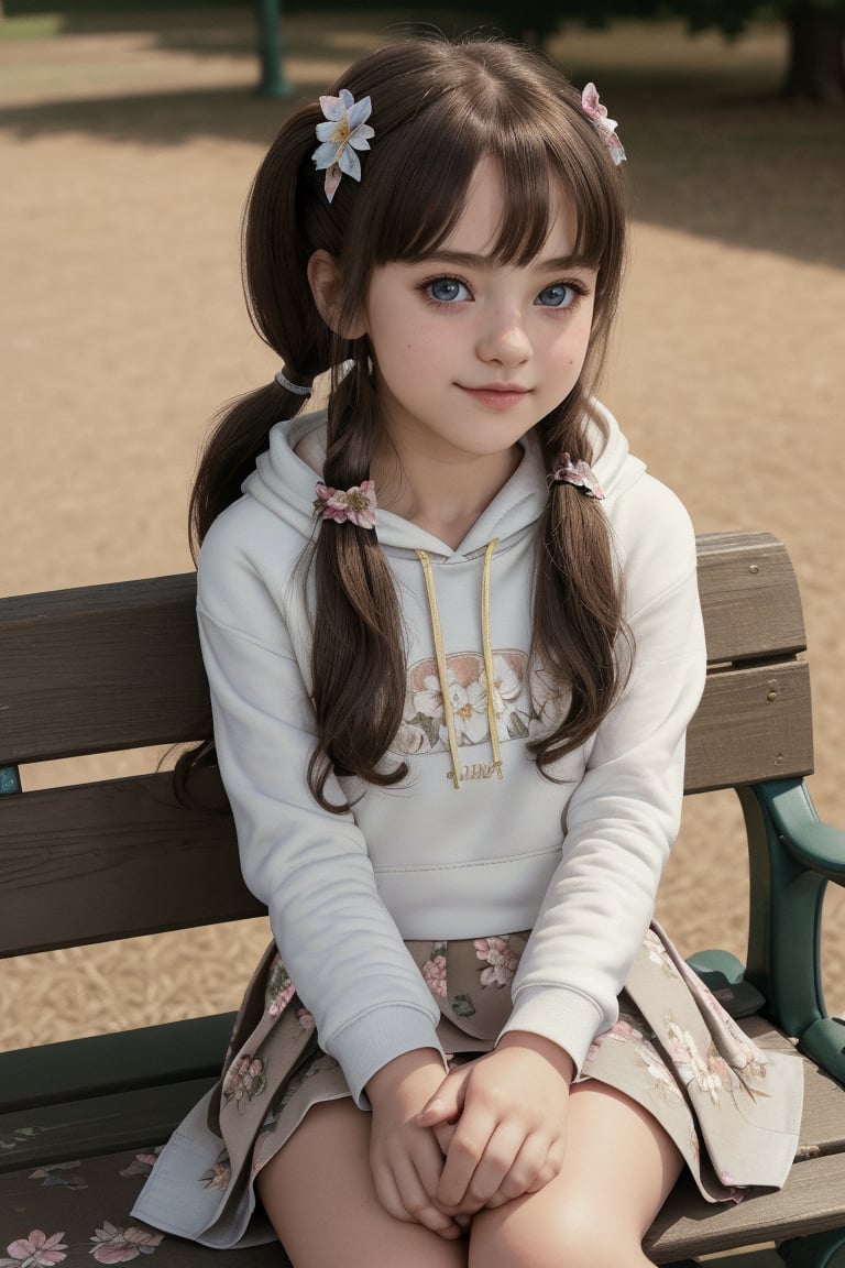 ((6year old girl:1.5)),1girl,whole body, beautiful shining body, bangs,((brown　hair:1.3)),high eyes,(aquamarine eyes),tall eyes, beautiful girl with fine details, Beautiful and delicate eyes, detailed face, Beautiful eyes,natural light,((realism: 1.2 )), dynamic far view shot,cinematic lighting, perfect composition, by sumic.mic, ultra detailed, official art, masterpiece, (best quality:1.3), reflections, extremely detailed cg unity 8k wallpaper, detailed background, masterpiece, best quality , (masterpiece), (best quality:1.4), (ultra highres:1.2), (hyperrealistic:1.4), (photorealistic:1.2), best quality, high quality, highres, detail enhancement, ((twin tails hair)),((bright lighting:1.3)),((tareme,animated eyes, big eyes,droopy eyes:1.2)),((smile expression:1.4)),((hoodie,skirt:1.4)),perfect,hand,More Detail,((Floral background: 1.4)),Realism,((on park bench:1.4)),((random angle: 1.4)),